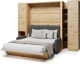 Bed Concept - Komplet postelja v omari BC-12, vzglavje BC-17, kavč BC-19, 3xLED,  omare BC-07, BC-21, BC-24 - artisan, vzmetnica - 160x200 cm - artisan hrast/grafit