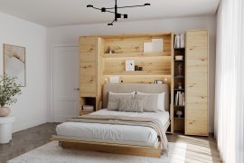 Komplet postelja v omari BC-01, vzglavje BC-16, 1xLED, omare BC-07, BC-21, BC-24 - artisan, vzmetnica - 140x200 cm - artisan hrast/bež