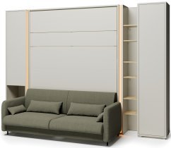 Bed Concept - Komplet postelja v omari BC-01, vzglavje BC-16, kavč BC-18, 3xLED,  omare BC-07, BC-21, BC-24 - kašmir, vzmetnica - 140x200 cm - kašmir/zelen