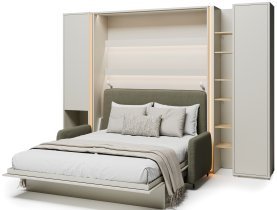 Bed Concept - Komplet postelja v omari BC-01, vzglavje BC-16, kavč BC-18, 3xLED,  omare BC-07, BC-21, BC-24 - kašmir, vzmetnica - 140x200 cm - kašmir/zelen