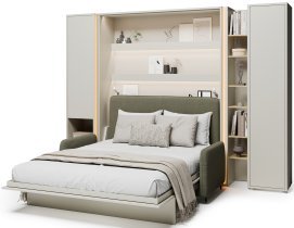 Bed Concept - Komplet postelja v omari BC-01, vzglavje BC-16, kavč BC-18, 3xLED,  omare BC-07, BC-21, BC-24 - kašmir, vzmetnica - 140x200 cm - kašmir/zelen