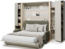 Bed Concept - Komplet postelja v omari BC-01, vzglavje BC-16, kavč BC-18, 3xLED,  omare BC-07, BC-21, BC-24 - kašmir, vzmetnica - 140x200 cm - kašmir/zelen
