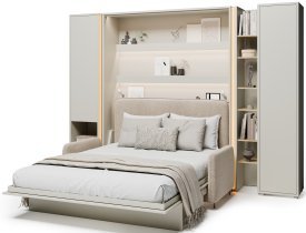 Bed Concept - Komplet postelja v omari BC-01, vzglavje BC-16, kavč BC-18, 3xLED,  omare BC-07, BC-21, BC-24 - kašmir, vzmetnica - 140x200 cm - kašmir/bež