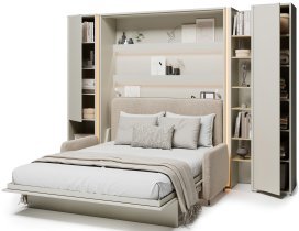 Bed Concept - Komplet postelja v omari BC-01, vzglavje BC-16, kavč BC-18, 3xLED,  omare BC-07, BC-21, BC-24 - kašmir, vzmetnica - 140x200 cm - kašmir/bež