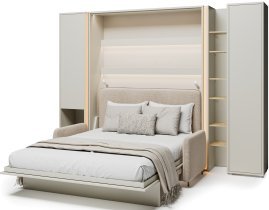 Bed Concept - Komplet postelja v omari BC-01, vzglavje BC-16, kavč BC-18, 3xLED,  omare BC-07, BC-21, BC-24 - kašmir, vzmetnica - 140x200 cm - kašmir/bež