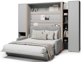 Bed Concept - Komplet postelja v omari BC-13, vzglavje BC-33, kavč BC-35, 3xLED,  omare BC-07, BC-21, BC-24 - sive, vzmetnica - 180x200 cm - siv