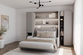 Komplet postelja v omari BC-01, vzglavje BC-16, kavč BC-18, 3xLED, omare BC-07, BC-21, BC-24 - sive, vzmetnica - 140x200 cm - siv
