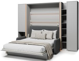 Bed Concept - Komplet postelja v omari BC-13, vzglavje BC-33, kavč BC-35, 3xLED,  omare BC-07, BC-21, BC-24 - sive, vzmetnica - 180x200 cm - siv/grafit