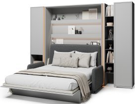 Bed Concept - Komplet postelja v omari BC-13, vzglavje BC-33, kavč BC-35, 3xLED,  omare BC-07, BC-21, BC-24 - sive, vzmetnica - 180x200 cm - siv/grafit
