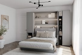 Komplet postelja v omari BC-01, vzglavje BC-16, 1xLED, omare BC-07, BC-21, BC-24 - sive, vzmetnica - 140x200 cm - siv
