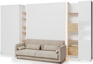 Bed Concept - Komplet postelja v omari BC-01, vzglavje BC-16, kavč BC-18, 3xLED,  omare BC-20, BC-24, BC-23, BC-08 - beli, vzmetnica - 140x200 cm - bel/bež