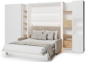 Bed Concept - Komplet postelja v omari BC-01, vzglavje BC-16, kavč BC-18, 3xLED,  omare BC-20, BC-24, BC-23, BC-08 - beli, vzmetnica - 140x200 cm - bel/bež