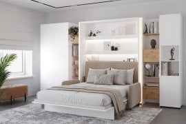 Komplet postelja v omari BC-01, vzglavje BC-16, kavč BC-18, 3xLED,  omare BC-20, BC-24, BC-23, BC-08 - beli, vzmetnica - 140x200 cm - bel/bež