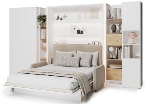 Bed Concept - Komplet postelja v omari BC-01, vzglavje BC-16, kavč BC-18, 3xLED,  omare BC-20, BC-24, BC-23, BC-08 - beli, vzmetnica - 140x200 cm - bel/bež