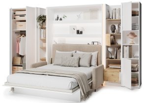 Bed Concept - Komplet postelja v omari BC-01, vzglavje BC-16, kavč BC-18, 3xLED,  omare BC-20, BC-24, BC-23, BC-08 - beli, vzmetnica - 140x200 cm - bel/bež