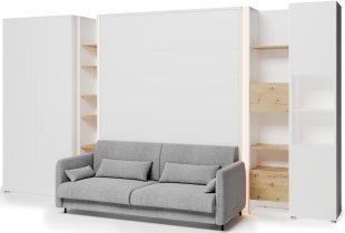 Bed Concept - Komplet postelja v omari BC-12, vzglavje BC-17, kavč BC-19, 3xLED,  omare BC-20, BC-24, BC-23, BC-08 - beli, vzmetnica - 160x200 cm - bel/siv