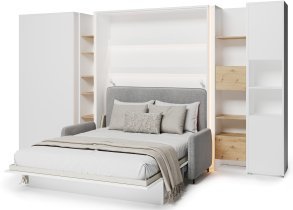 Bed Concept - Komplet postelja v omari BC-12, vzglavje BC-17, kavč BC-19, 3xLED,  omare BC-20, BC-24, BC-23, BC-08 - beli, vzmetnica - 160x200 cm - bel/siv