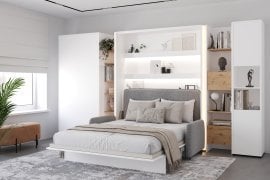 Komplet postelja v omari BC-12, vzglavje BC-17, kavč BC-19, 3xLED,  omare BC-20, BC-24, BC-23, BC-08 - beli, vzmetnica - 160x200 cm - bel/siv