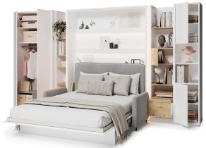 Bed Concept - Komplet postelja v omari BC-12, vzglavje BC-17, kavč BC-19, 3xLED,  omare BC-20, BC-24, BC-23, BC-08 - beli, vzmetnica - 160x200 cm - bel/siv