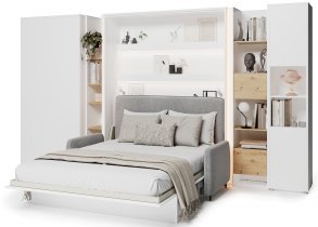 Bed Concept - Komplet postelja v omari BC-12, vzglavje BC-17, kavč BC-19, 3xLED,  omare BC-20, BC-24, BC-23, BC-08 - beli, vzmetnica - 160x200 cm - bel/siv