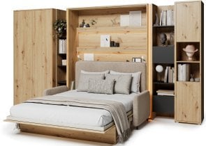 Bed Concept - Komplet postelja v omari BC-01, vzglavje BC-16, kavč BC-18, 3xLED,  omare BC-20, BC-24, BC-23, BC-08 - artisan, vzmetnica - 140x200 cm - artisan hrast/bež