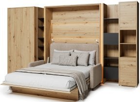 Bed Concept - Komplet postelja v omari BC-01, vzglavje BC-16, kavč BC-18, 3xLED,  omare BC-20, BC-24, BC-23, BC-08 - artisan, vzmetnica - 140x200 cm - artisan hrast/bež