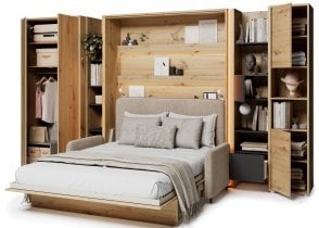 Bed Concept - Komplet postelja v omari BC-01, vzglavje BC-16, kavč BC-18, 3xLED,  omare BC-20, BC-24, BC-23, BC-08 - artisan, vzmetnica - 140x200 cm - artisan hrast/bež