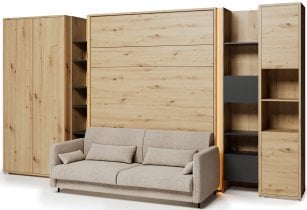Bed Concept - Komplet postelja v omari BC-01, vzglavje BC-16, kavč BC-18, 3xLED,  omare BC-20, BC-24, BC-23, BC-08 - artisan, vzmetnica - 140x200 cm - artisan hrast/bež