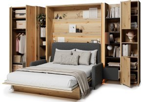 Bed Concept - Komplet postelja v omari BC-13, vzglavje BC-33, kavč BC-35, 3xLED, omare BC-20, BC-24, BC-23, BC-08 - artisan, vzmetnica - 180x200 cm - artisan hrast/grafit