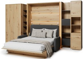 Bed Concept - Komplet postelja v omari BC-13, vzglavje BC-33, kavč BC-35, 3xLED, omare BC-20, BC-24, BC-23, BC-08 - artisan, vzmetnica - 180x200 cm - artisan hrast/grafit