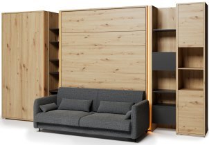Bed Concept - Komplet postelja v omari BC-13, vzglavje BC-33, kavč BC-35, 3xLED, omare BC-20, BC-24, BC-23, BC-08 - artisan, vzmetnica - 180x200 cm - artisan hrast/grafit