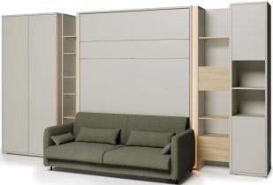 Bed Concept - Komplet postelja v omari BC-01, vzglavje BC-16, kavč BC-18, 3xLED, omare BC-20, BC-24, BC-23, BC-08 - kašmir, vzmetnica - 140x200 cm - kašmir/zelen