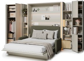 Bed Concept - Komplet postelja v omari BC-01, vzglavje BC-16, kavč BC-18, 3xLED, omare BC-20, BC-24, BC-23, BC-08 - kašmir, vzmetnica - 140x200 cm - kašmir/zelen