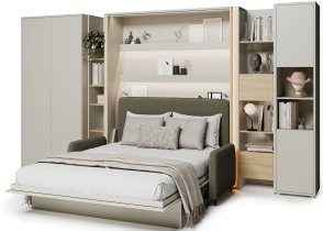 Bed Concept - Komplet postelja v omari BC-01, vzglavje BC-16, kavč BC-18, 3xLED, omare BC-20, BC-24, BC-23, BC-08 - kašmir, vzmetnica - 140x200 cm - kašmir/zelen