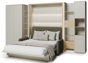 Bed Concept - Komplet postelja v omari BC-01, vzglavje BC-16, kavč BC-18, 3xLED, omare BC-20, BC-24, BC-23, BC-08 - kašmir, vzmetnica - 140x200 cm - kašmir/zelen