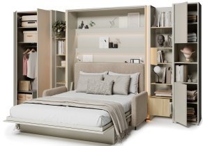 Bed Concept - Komplet postelja v omari BC-13, vzglavje BC-33, kavč BC-35, 3xLED, omare BC-20, BC-24, BC-23, BC-08 - kašmir, vzmetnica - 180x200 cm - kašmir/bež