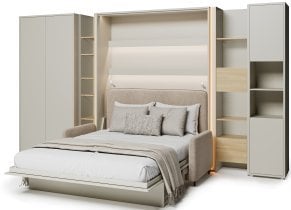 Bed Concept - Komplet postelja v omari BC-13, vzglavje BC-33, kavč BC-35, 3xLED, omare BC-20, BC-24, BC-23, BC-08 - kašmir, vzmetnica - 180x200 cm - kašmir/bež