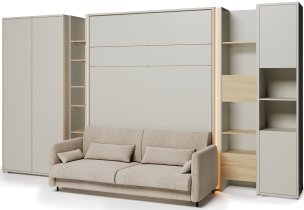 Bed Concept - Komplet postelja v omari BC-13, vzglavje BC-33, kavč BC-35, 3xLED, omare BC-20, BC-24, BC-23, BC-08 - kašmir, vzmetnica - 180x200 cm - kašmir/bež