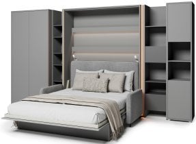 Bed Concept - Komplet postelja v omari BC-13, vzglavje BC-33, kavč BC-35, 3xLED, omare BC-20, BC-24, BC-23, BC-08 - siv, vzmetnica - 180x200 cm - siv