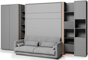 Bed Concept - Komplet postelja v omari BC-13, vzglavje BC-33, kavč BC-35, 3xLED, omare BC-20, BC-24, BC-23, BC-08 - siv, vzmetnica - 180x200 cm - siv