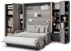 Bed Concept - Komplet postelja v omari BC-13, vzglavje BC-33, kavč BC-35, 3xLED, omare BC-20, BC-24, BC-23, BC-08 - siv, vzmetnica - 180x200 cm - siv
