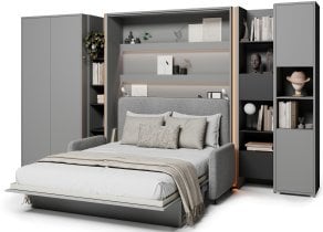 Bed Concept - Komplet postelja v omari BC-13, vzglavje BC-33, kavč BC-35, 3xLED, omare BC-20, BC-24, BC-23, BC-08 - siv, vzmetnica - 180x200 cm - siv