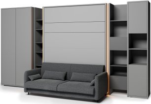 Bed Concept - Komplet postelja v omari BC-01, vzglavje BC-16, kavč BC-18, 3xLED, omare BC-20, BC-24, BC-23, BC-08 - siv, vzmetnica - 140x200 cm - siv/grafit
