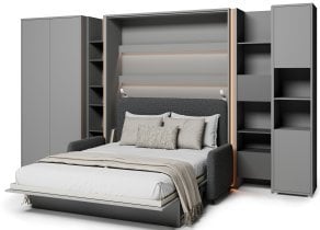 Bed Concept - Komplet postelja v omari BC-01, vzglavje BC-16, kavč BC-18, 3xLED, omare BC-20, BC-24, BC-23, BC-08 - siv, vzmetnica - 140x200 cm - siv/grafit