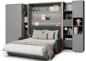 Bed Concept - Komplet postelja v omari BC-01, vzglavje BC-16, kavč BC-18, 3xLED, omare BC-20, BC-24, BC-23, BC-08 - siv, vzmetnica - 140x200 cm - siv/grafit