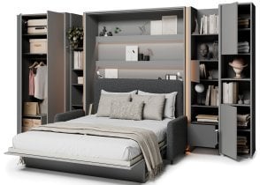 Bed Concept - Komplet postelja v omari BC-01, vzglavje BC-16, kavč BC-18, 3xLED, omare BC-20, BC-24, BC-23, BC-08 - siv, vzmetnica - 140x200 cm - siv/grafit