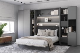 Komplet postelja v omari BC-12, vzglavje BC-17, 1xLED, omare BC-20, BC-24, BC-23, BC-08 - siv, vzmetnica - 160x200 cm - siv/grafit