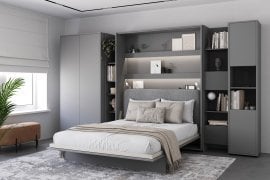 Komplet postelja v omari BC-01, vzglavje BC-16, 1xLED, omare BC-20, BC-24, BC-23, BC-08 - siv, vzmetnica - 140x200 cm - siv