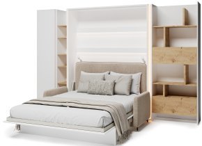 Bed Concept - Komplet postelja v omari BC-01, vzglavje BC-16, kavč BC-18, 3xLED, omare BC-21, BC-24, BC-22 - bele, vzmetnica - 140x200 cm - bel/bež