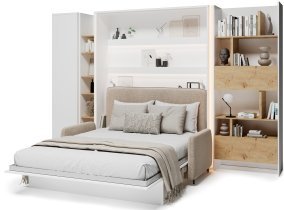 Bed Concept - Komplet postelja v omari BC-01, vzglavje BC-16, kavč BC-18, 3xLED, omare BC-21, BC-24, BC-22 - bele, vzmetnica - 140x200 cm - bel/bež